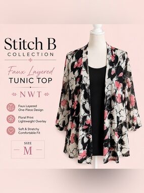 Stitch B Faux Layered Floral Tunic Top - Pink & Black NWT